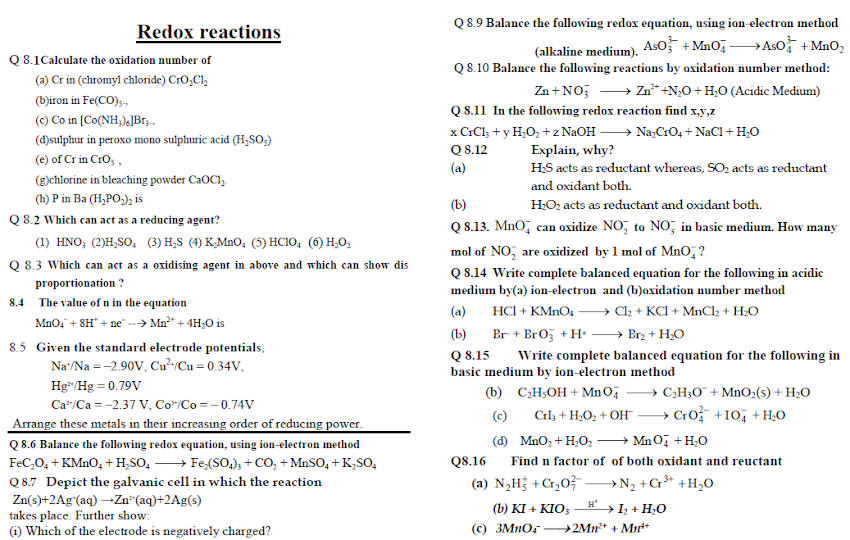 redox reaction class 11 assignment