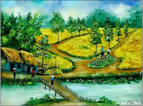 Hình ảnh làng quê đẹp với lũy tre, con trâu, bờ đê,.. Tranh vẽ sơn dầu làng quê đẹp