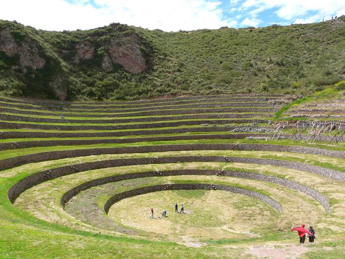 The Mysterious Moray Agricultural Terraces of the Incas One of the most visually stunning Inca ruins is at Moray, an archaeological site in Peru approximately 50 km northwest of Cuzco and just west of the village of Maras. In a large bowl-like depression, is constructed a series of concentric terraces that looks like an ancient Greek amphitheater. The largest of these terraces are at the center – they are enormous in size, and descend to a depth of approximately 150 meter, leading to a circular bottom so well drained that it never completely floods, no matter how plentiful the rain.