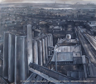 Urban decay and Industrial heritage - charcoal and ink drawing of Mungo Scott Flour Mills Summer Hill by artist Jane Bennett