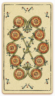 Ten of Coins card - Colored illustration - In the spirit of the Marseille tarot - minor arcana - design and illustration by Cesare Asaro - Curio & Co. (Curio and Co. OG - www.curioandco.com)