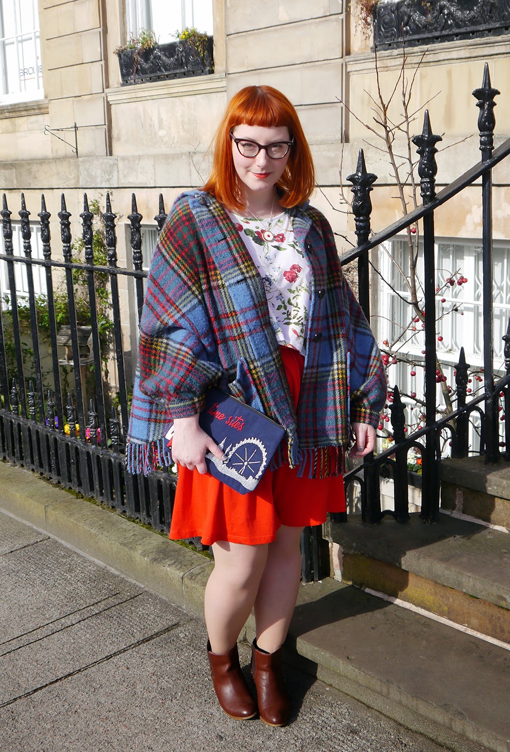What Helen Wore: Crafternoon Style What Helen Wore, Scottish Blogger, Red Head, Glasgow, Hillary's Crafternoon, Sugar & Vice, cherry bakewell necklace, comfy style, bright colours, floral tee, Zara flower print tshirt, H&M red jersey dress, Zara brown boots, SewLomax day time sites bag, vintage tartan cape, tartan style