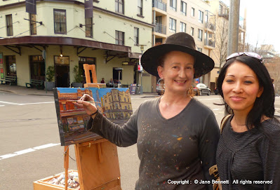 plein air oil painting of the Terminus Hotel and the Point Hotel, Harris Street Pyrmont painted by industrial heritage artist Jane Bennett