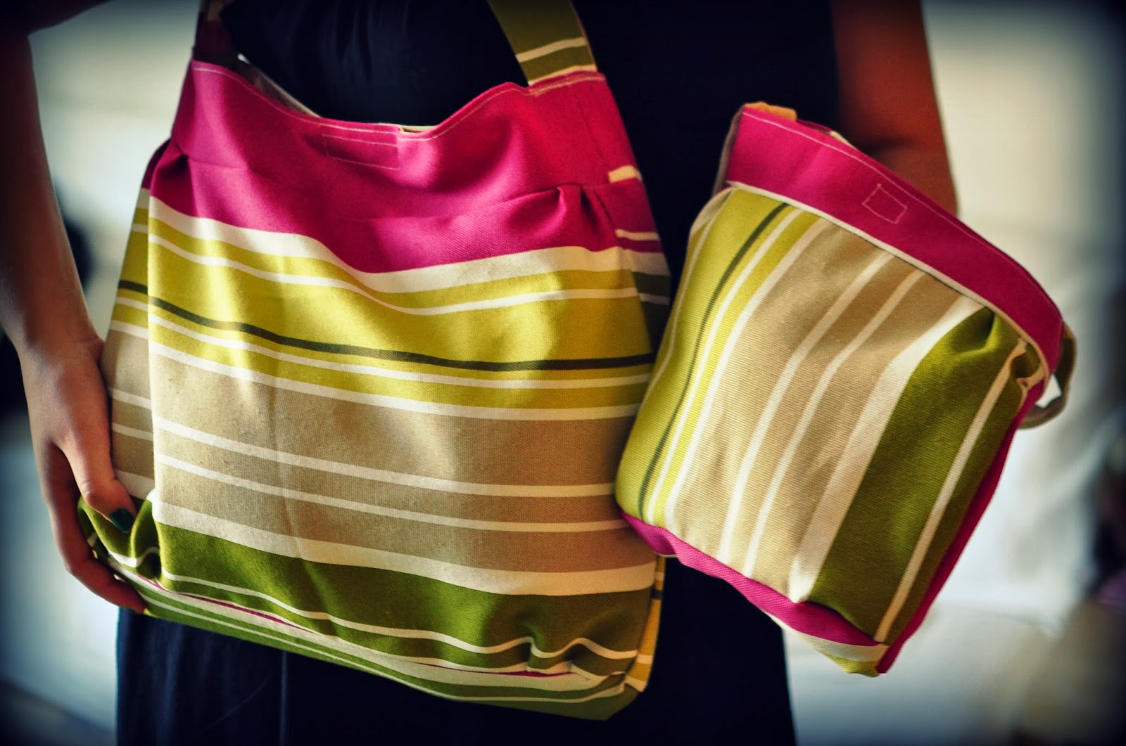 Purcell's comeback DIY green and pink striped twin bags
