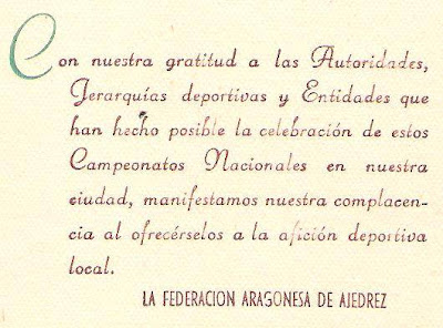 Agradecimiento de la Federación Aragonesa de Ajedrez por el XVIII Campeonato de España de Ajedrez 1957