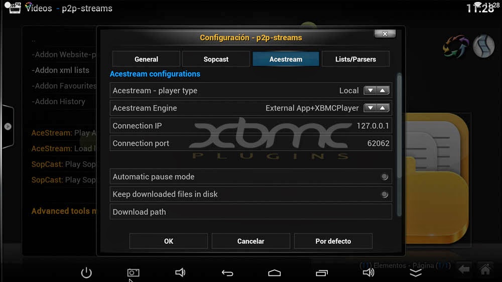 Configuration P2PSTREAMS ACESTREAM SOPCAST XBMC KODI Configuración P2PSTREAMS ACESTREAM SOPCAST XBMC KODI