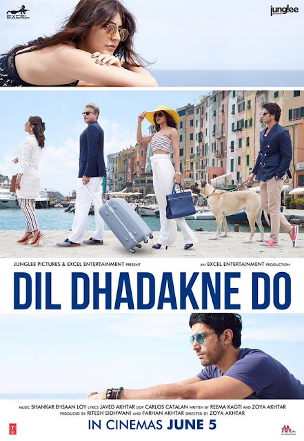 Dil Dhadakne Do (2015), Movie Poster, Directed by Zoya Akhtar, starring Anil Kapoor, Priyanka Chopra, Ranveer Singh, Anushka Sharma, Rahul Bose, Shefali Shah, and Farhan Akhtar