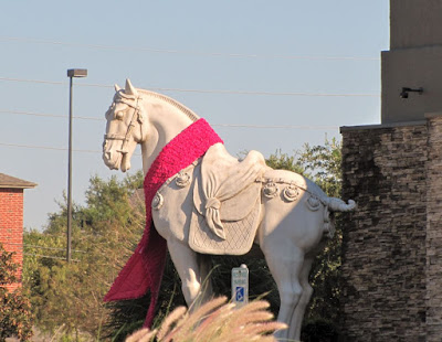 P. F. Chang's war horse with pink sash for breast cancer awareness