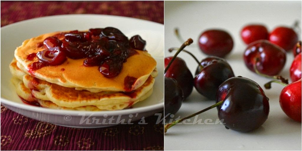 Krithi's Kitchen Peach Buttermilk Pancakes (eggless) with Cherry Compote Breakfast Recipes