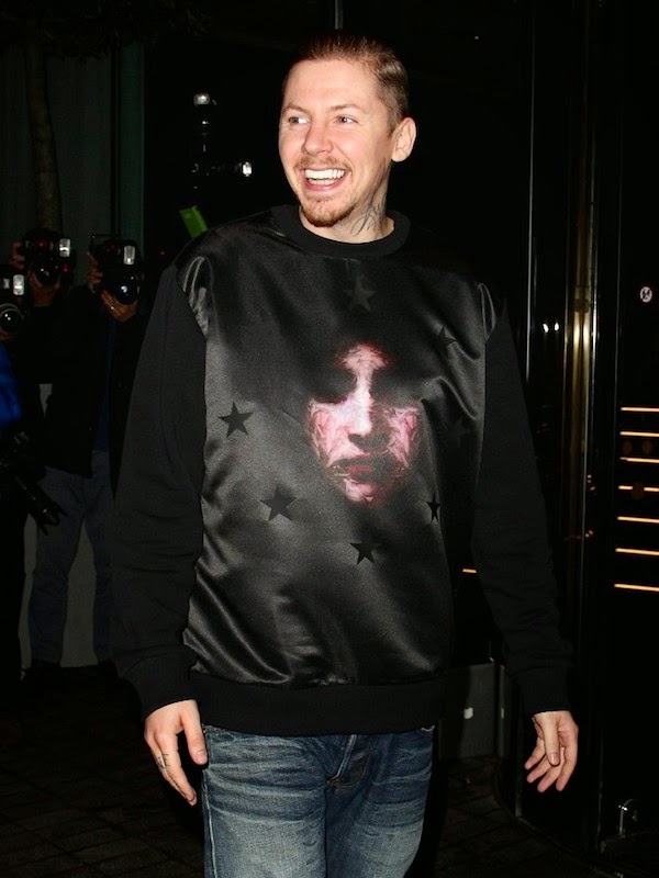 Professor Green wears Givenchy Madonna print sweatshirt at Mondrian Hotel London launch party 9th October 2014