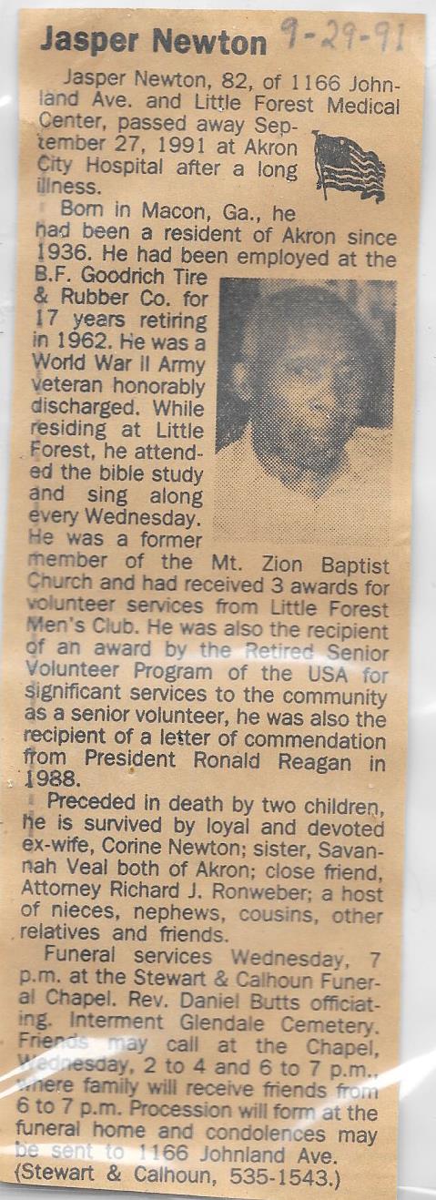 Jasper Newton's Obituary. Akron Beacon Journal. 9-29-1991