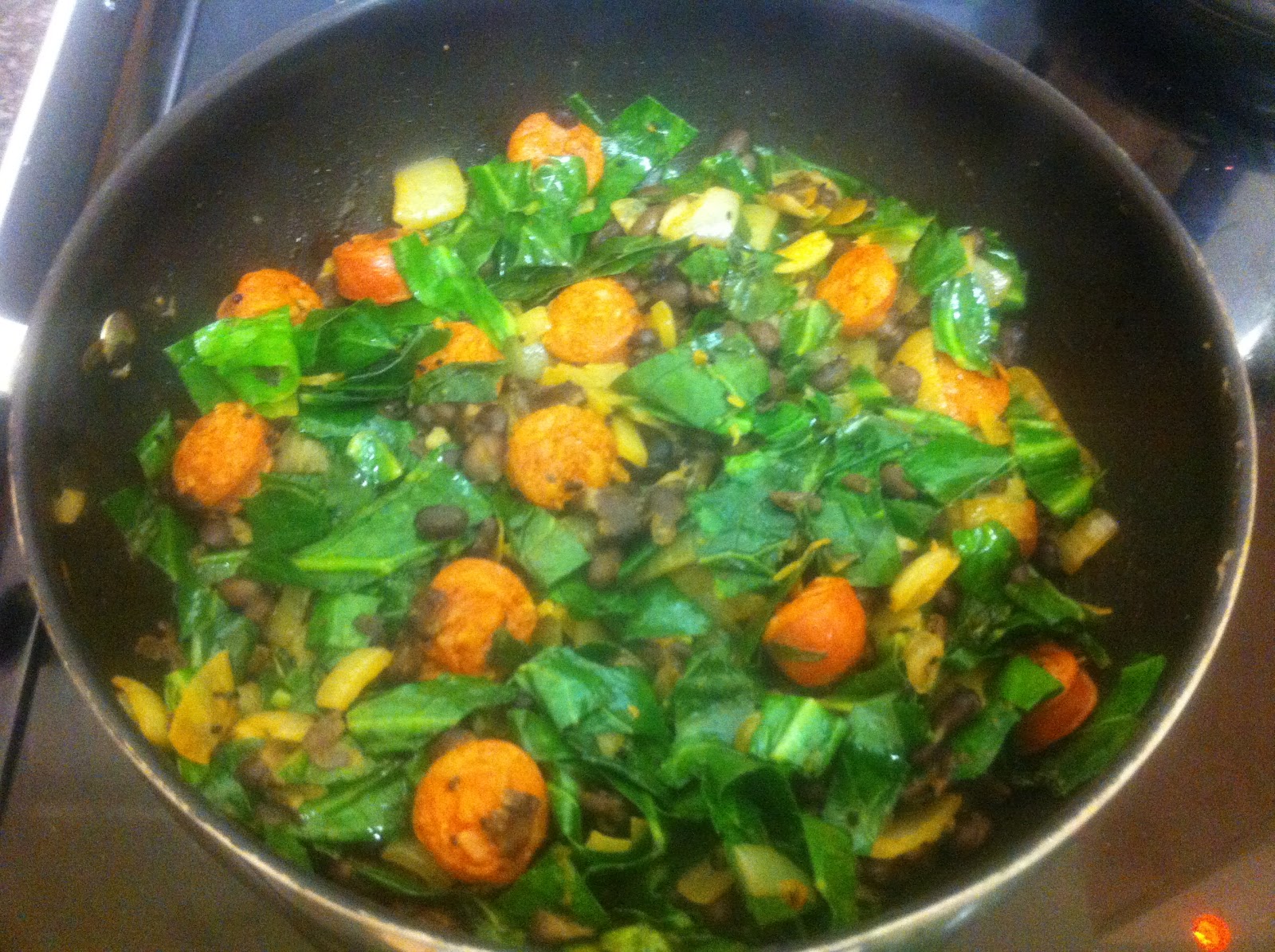 The lone gourmet Spring greens and black beans with chorizo