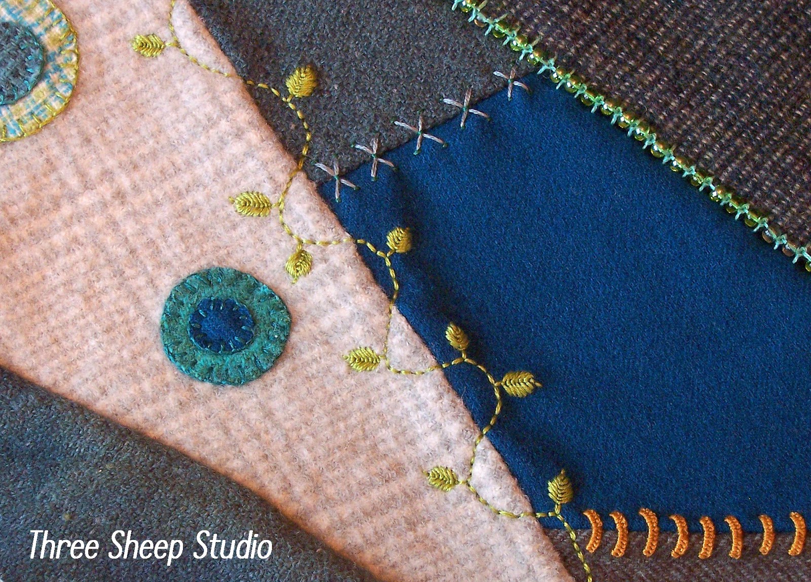Three Sheep Studio Embellishing Seams On Wool Crazy Quilt Block...