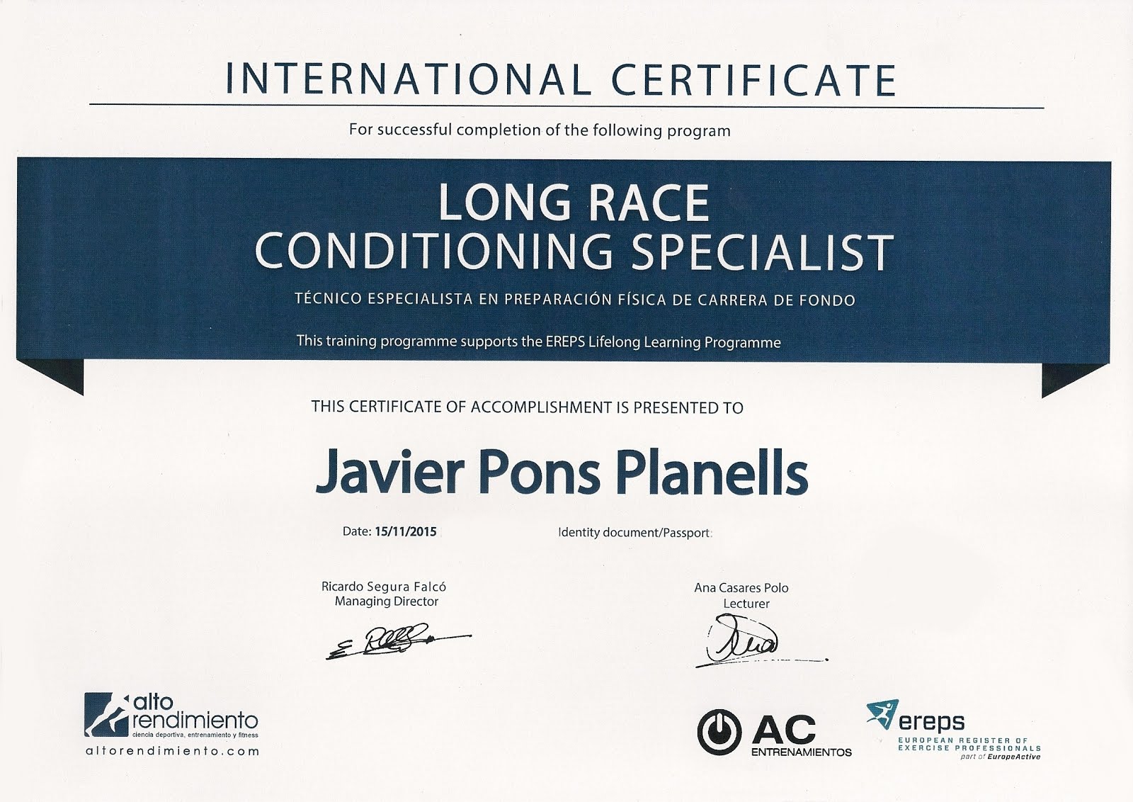 INTERNATIONAL CERTIFICATE LONG RACE CONDITIONING SPECIALIST