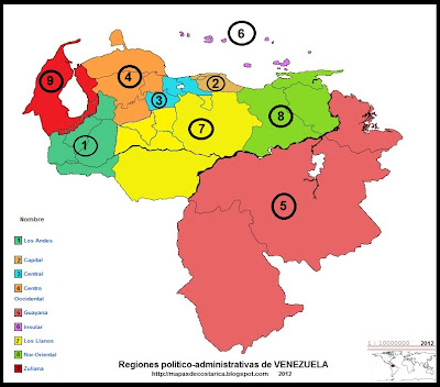 Mapa con los nombres de las Regiones politico-administrativas de VENEZUELA Mapa con los nombres de las Regiones politico-administrativas de VENEZUELA