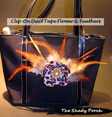 Clip-on Duct Tape Flowers with Feathers and Pearls by The Shady Porch Clip-on Duct Tape Flowers with Feathers and Pearls