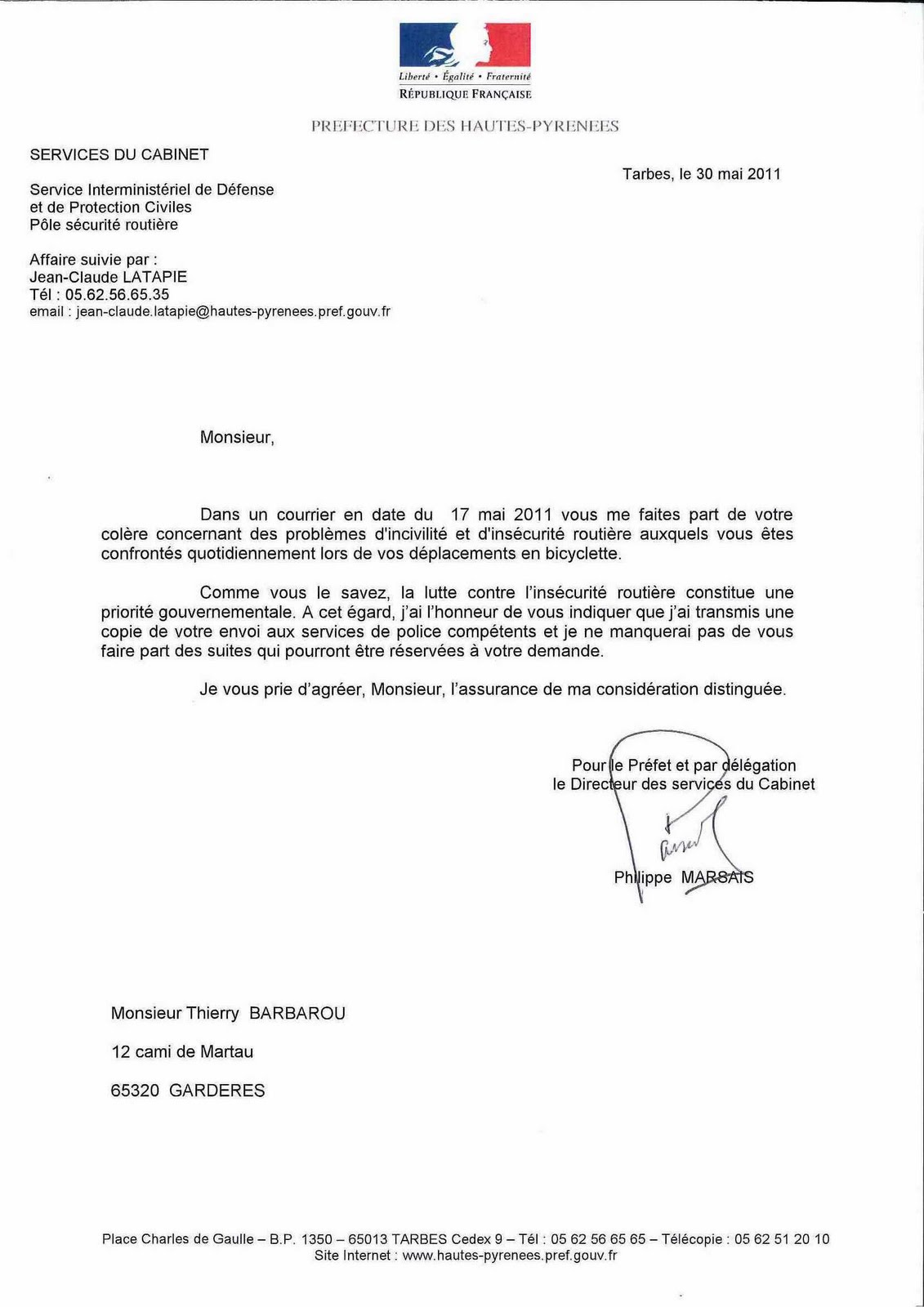 LE MONTAGNOL Vendredi 03 Juin REPONSE DE LA PREFECTURE