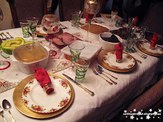Christmas day dinner Christmas, christmas day, food,hunger,dinner, dinner table, salad, food, christmas, candy yams, salad, lasagna, turkey, ham, avocado, corn, oxtail, macaroni and cheese, macaroni salad, napkins, fork, silver wear,candles, glasses, marshmallow,