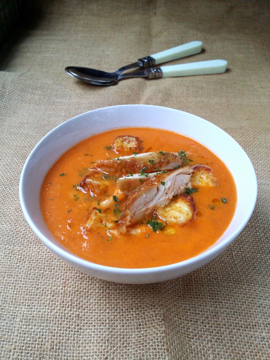 Spicy LowCarb Roast Chicken & Tomato Soup with Halloumi Croutons