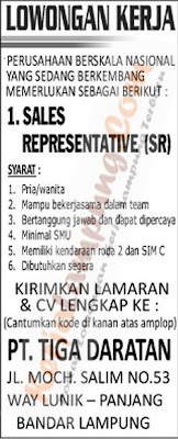 Lowongan Kerja PT Tiga Daratan Lampung Juni 2013