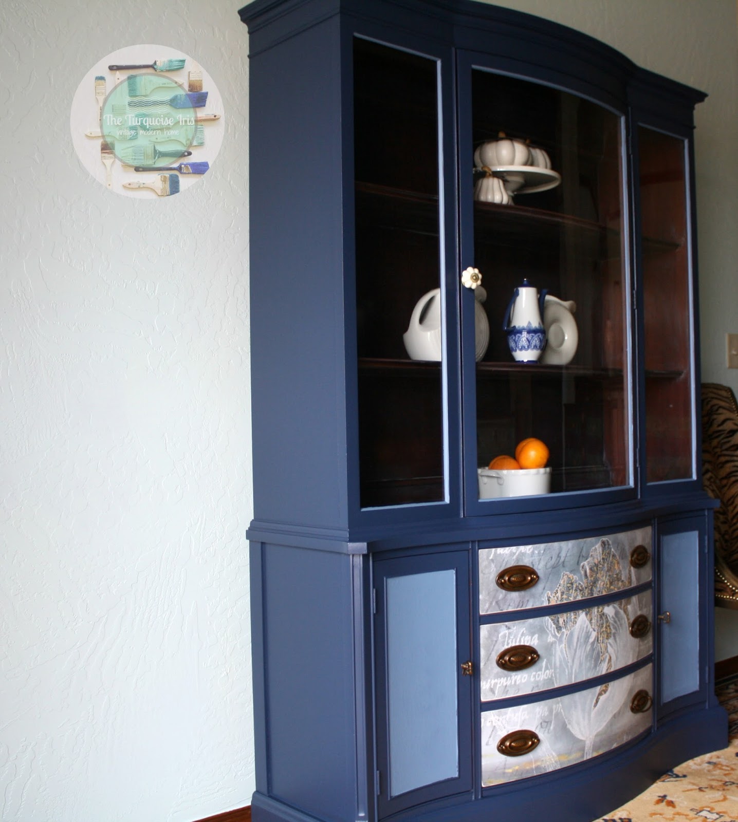 The Turquoise Iris Furniture & Art Navy Blue Hutch with Decoupage