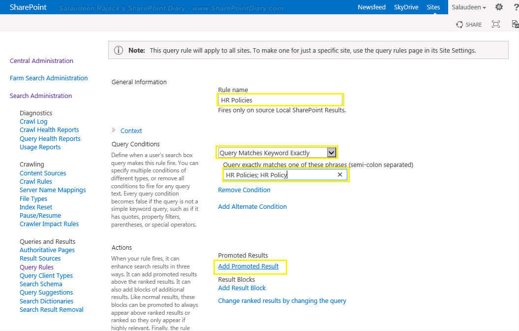 how to add promoted search results using query rules in sharepoint sharepoint search results