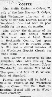 Obituary of Mallie Katherine Colyer dated 1-19-55