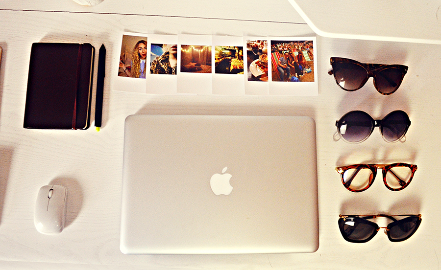 macbook pro, silver, polaroid prints, office, studio, uk fashion blogger, miu miu sunglasses, urban outfifters ombre sunglasses, notebook