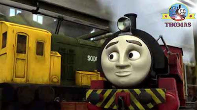 Repair train Victor the bright red Hispanic tank engine at Sodor north western railway steamworks
