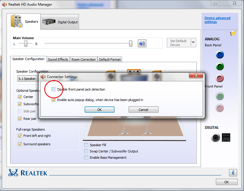 How to disable front headphone jack pc asus realtek hd audio manager
