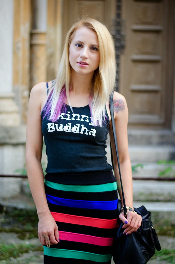 skinny buddha t-shirt striped rainbow skirt