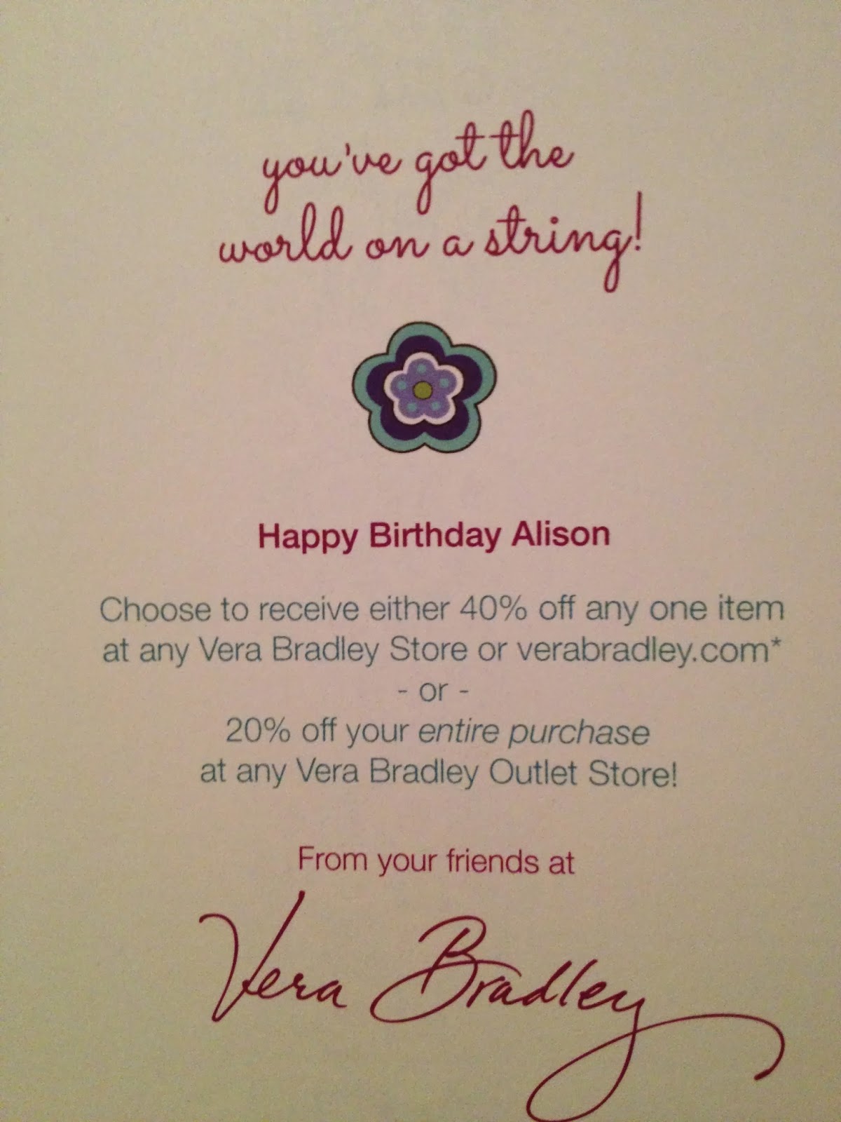 Vera Bradley Birthday CardCoupon from November 2014