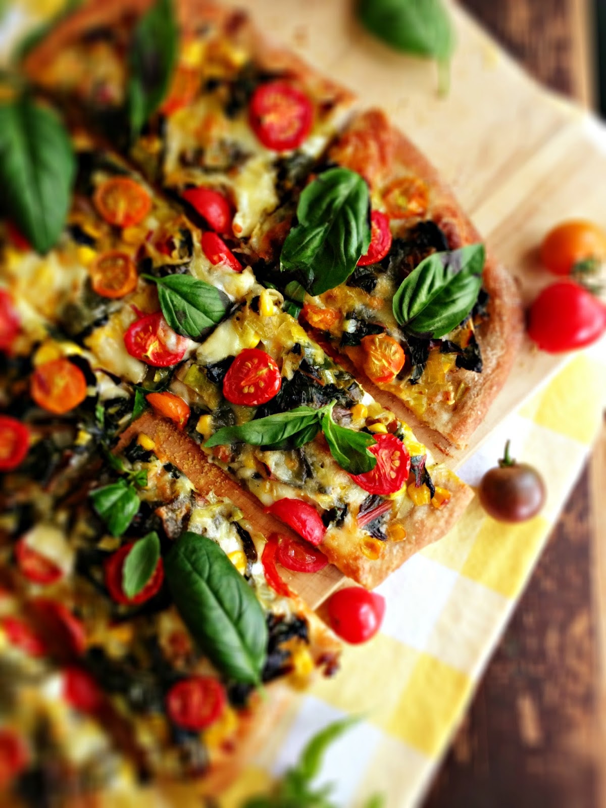 sweetsugarbean Swiss Chard & Corn Pizza with Cherry Tomatoes and Basil