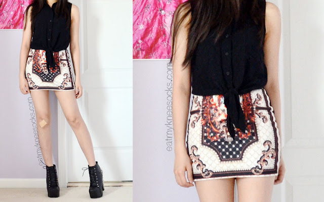{Fashion Review} Dresslink - Baroque Skirt Modeled An edgy-chic outfit featuring Dresslink's baroque palace bodycon skirt, a Forever 21 tie-front sleeveless shirt, and Jeffrey Campbell Lita Spike dupe platform booties.