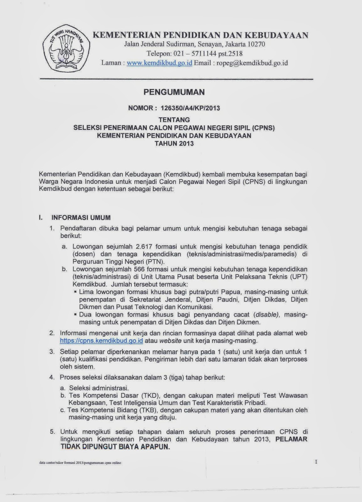 Lowongan pengumuman seleksi CPNS kementrian pendidikan dan kebudayaan