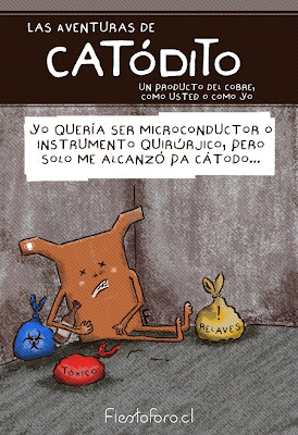 Catodito está botado en una esquina, pa la cagá de borracho, y se cuestiona su profesión de cátodo de cobre: el quería ser producto refinado como instrumento quirúrjico o quizás chiṕ microconductor.