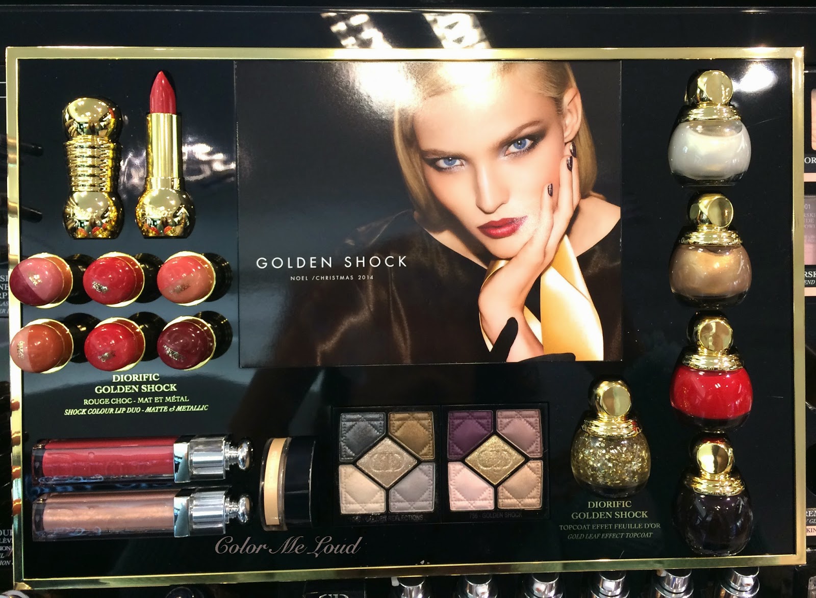 Dior Swatches of all lipsticks, lip glosses and eye shadow quads from Golden Shock Collection for Holiday 2014