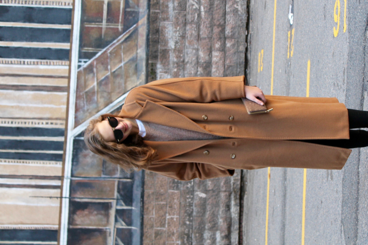 Vintage Max Mara long camel coat, black skinny jeans, leather Chelsea booties and wooden bronze watch for a cute Boston ootd