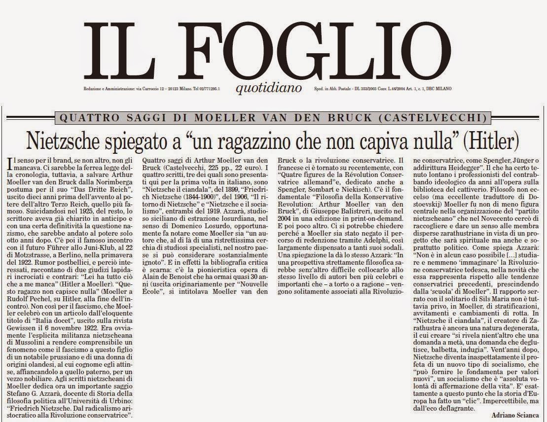 Sul Foglio una recensione del libro su Moeller-Nietzsche