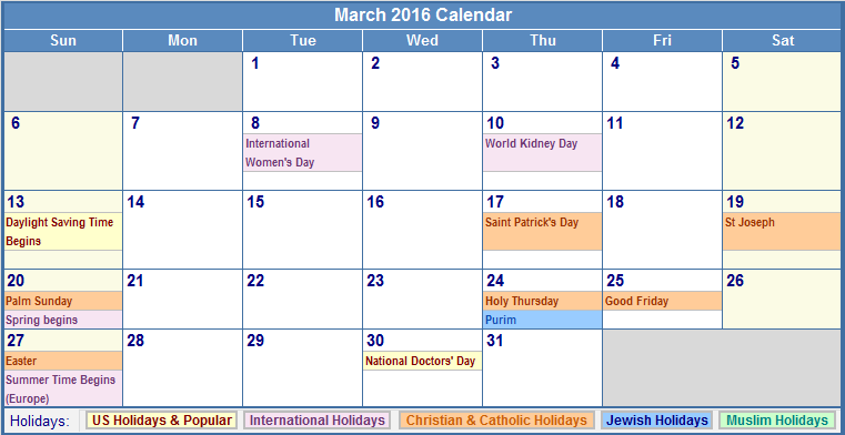Printable Calendar March 2016 Printable Calendar March 2016