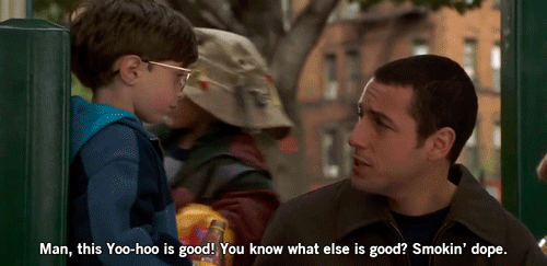 Animated gif of Adam Sandler talking to a small child, saying "Man, this Yoo-Hoo is good! You know what else is good? Smokin' dope."