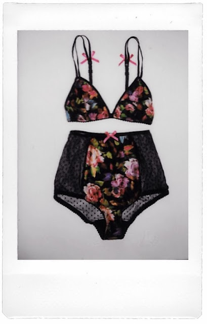 Polaroid of a handmade Floral Bra paired with MAC lipstick and some cute chopsticks