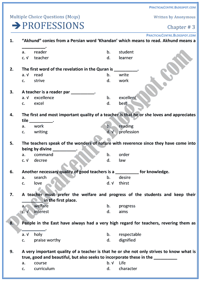 professions-mcqs-multiple-choice-questions-english-x