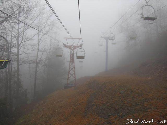 chairlift up the mountain, smokey mountains, into the fog