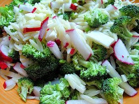 Orzo salad with peas, broccoli, radish, and havarti