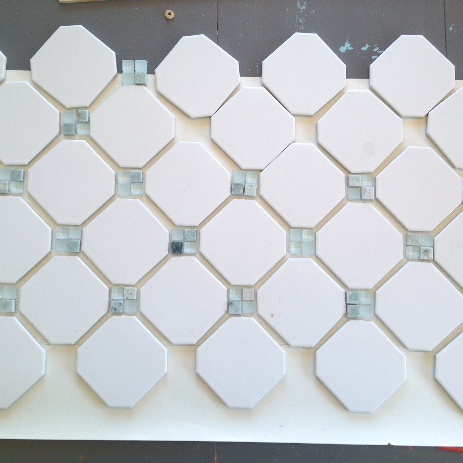 Fireplace Makeover Octagon Dot Tile Averie Lane Laying Out An Octagon And Dot Pattern White Matte Finish Tile Natural Stone