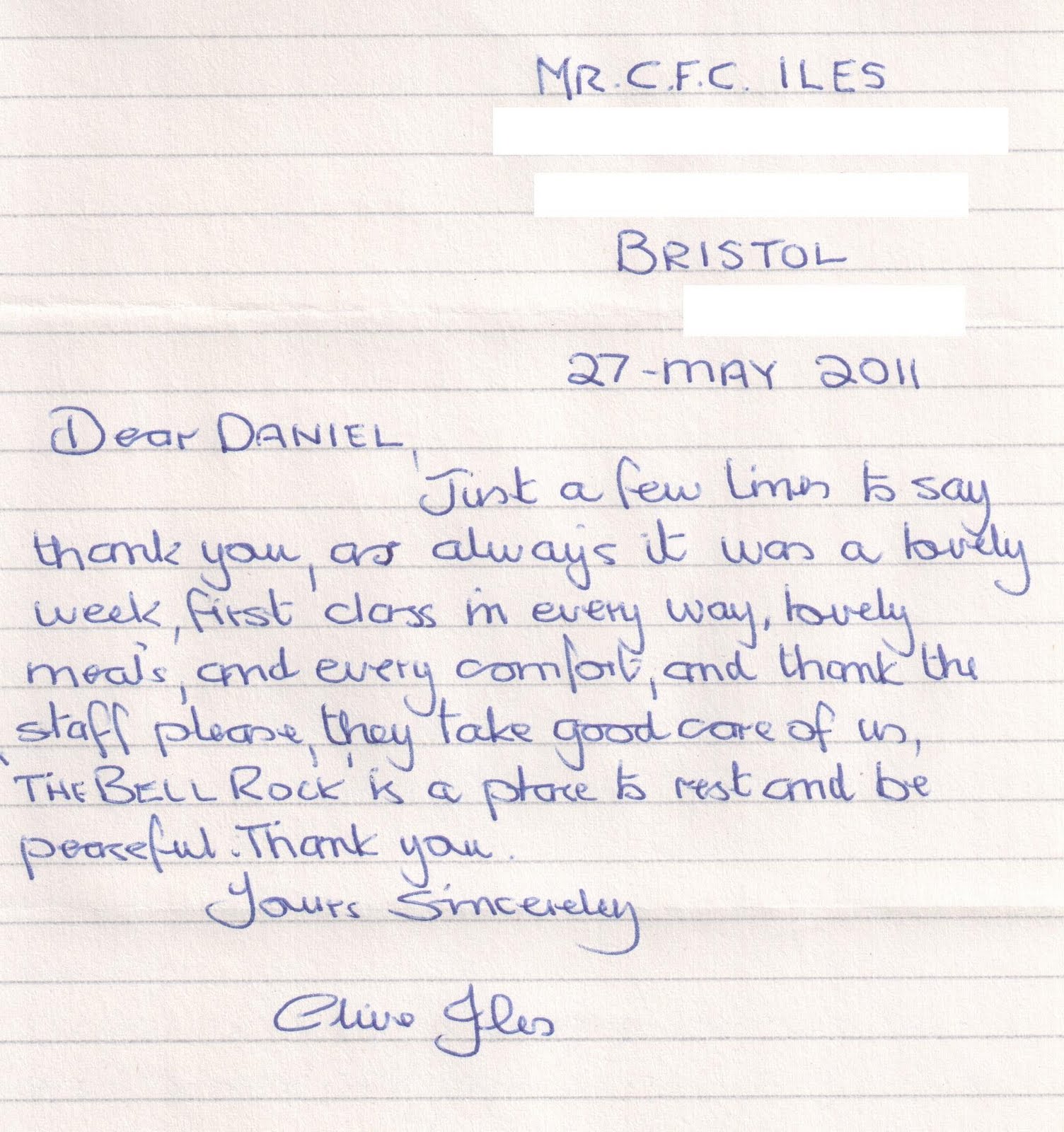 thanking letter hotel guest bell rock hotel st s isles of scilly guest thanking letter hotel guest bell rock hotel st s isles of scilly guest