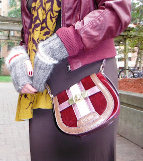 fashion outfit burgundy leather bomber jacket from Marshalls, H and M tank dress, Guess purse, boots from Urban planet, bright green scarf, hand knitted arm warmers, styled by melanie.p.s for the purple scarf.