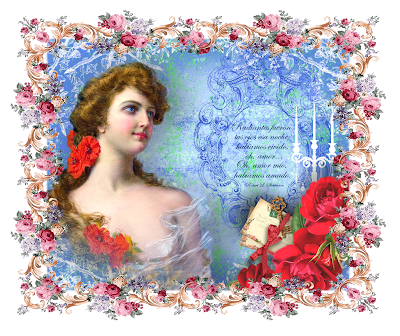 collage vintage con dama y flores rojas