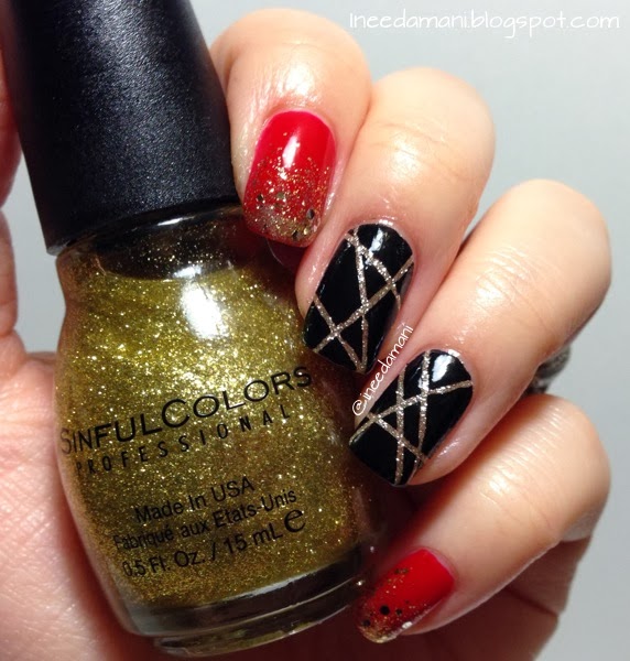 Nail Polish Addict Red Black And Gold Black And Gold Tape Mani Red Glitter Grant Nails